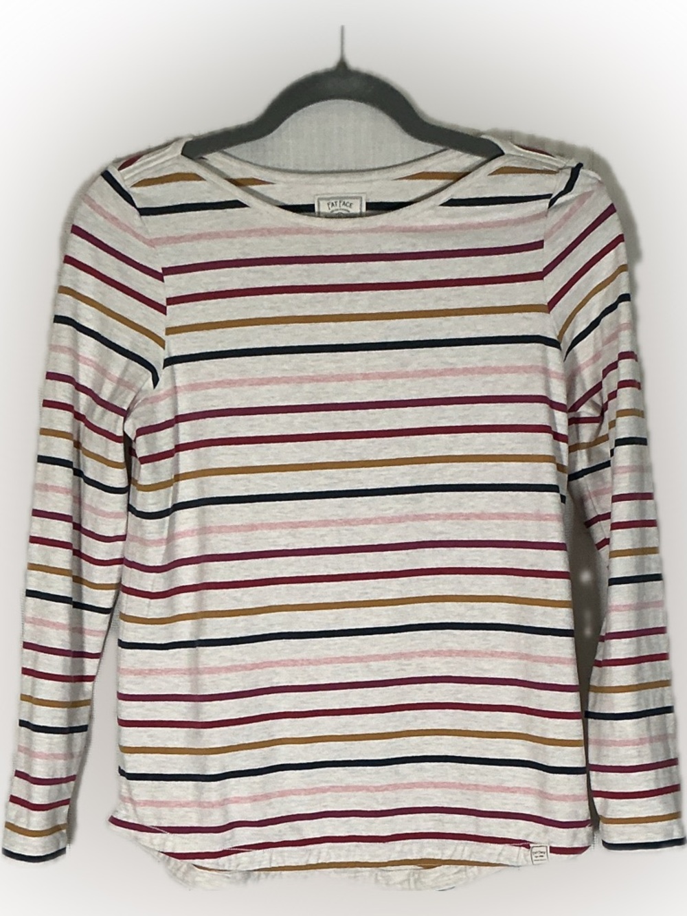 Fat Face White Long-Sleeve Stripe Crewneck with Pink, Navy & Mustard